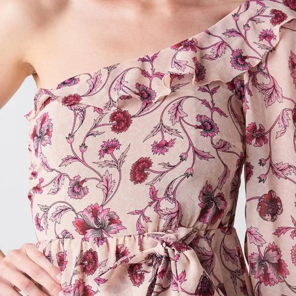 For Love & Lemons Agnes Pink Floral One Shoulder Dress, Small - Picture 3 of 6